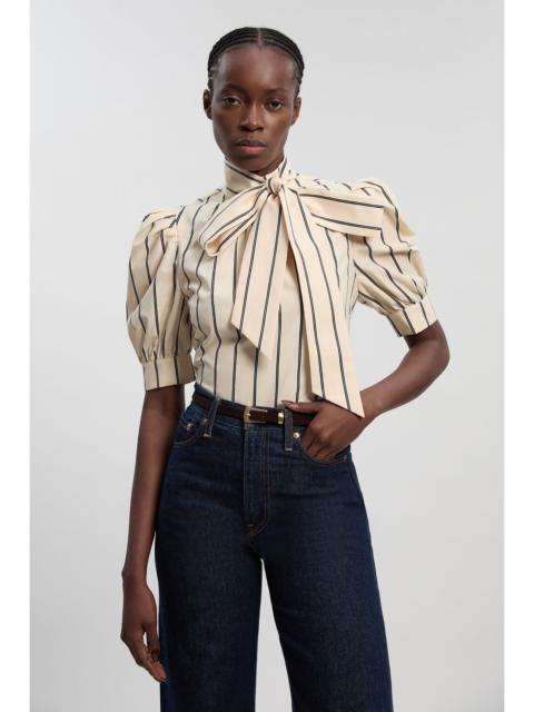 KAREN MILLEN Mono Stripe Cotton Poplin Pussy Bow Puff Sleeve Woven Blouse
