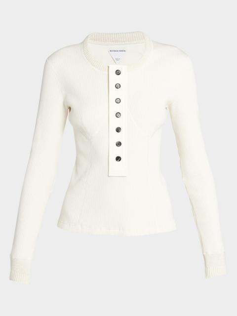 Bottega Veneta Long-Sleeve Compact Cotton Rib Jersey Henley T-Shirt