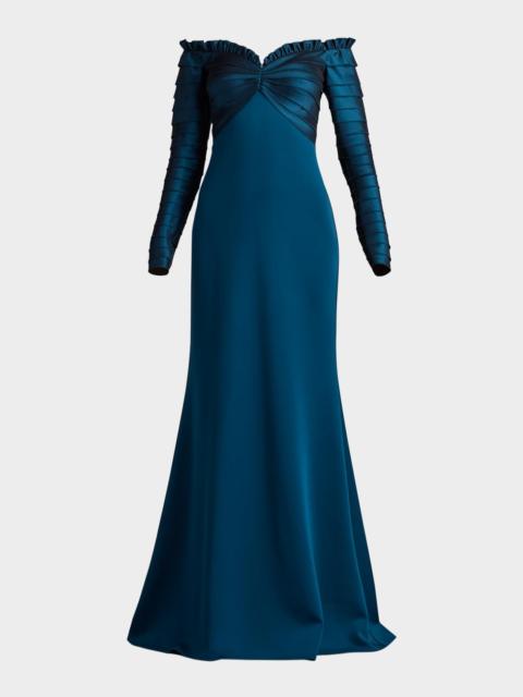 TADASHI SHOJI Off-Shoulder Pleated Taffeta and Crepe Gown
