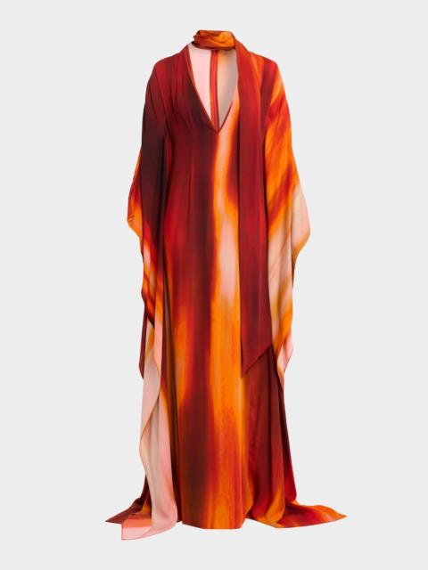 LaQuan Smith Plunging Neck-Scarf Dolman-Sleeve Caftan Gown