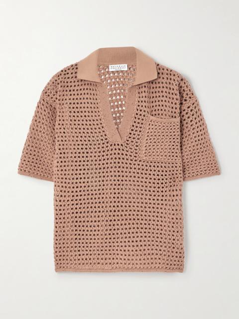 Brunello Cucinelli Sequin-emhellished Open-knit Cotton-blend Polo Top
