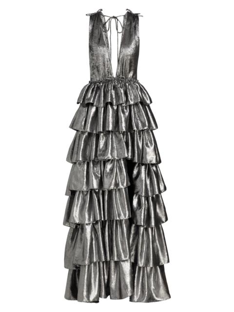AKNVAS Women's Henriette Metallic Ruffled Tiered Sleeveless Gown - Gunmetal