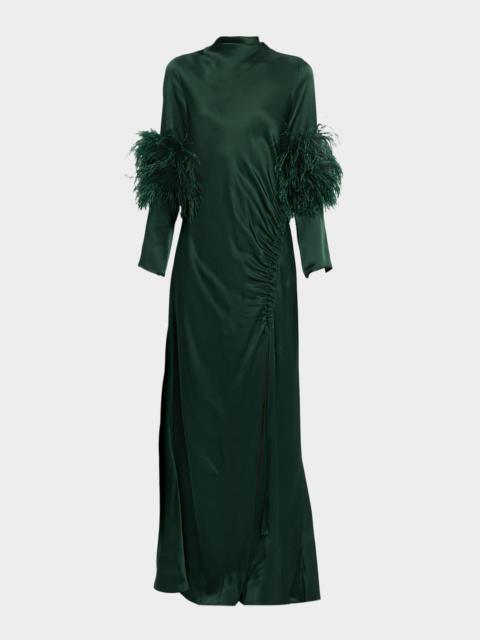 LAPOINTE Feather-Trim Long-Sleeve Satin Maxi Dress
