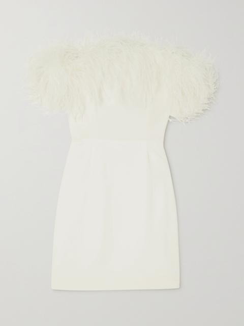 16ARLINGTON Ava off-the-shoulder feather-trimmed crepe mini dress Ivory
