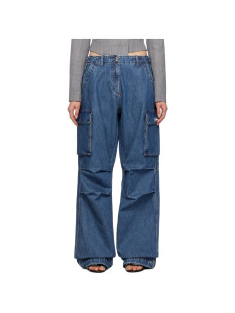 Blue Wide Leg Denim Cargo Pants