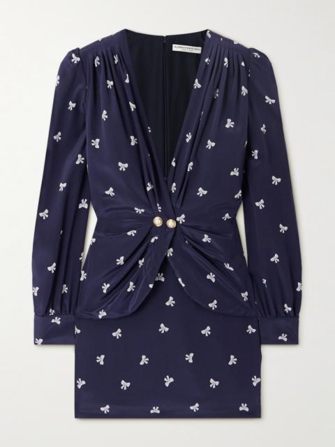Alessandra Rich Wrap-effect Embellished Pleated Printed Silk Crepe De Chine Mini Dress