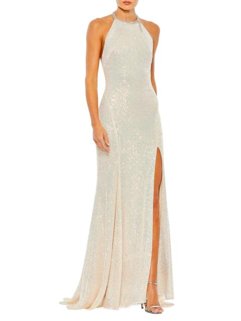 MAC DUGGAL Women's Ieena Sequin High-Neck Rhinestone-Trim Column Gown - Iridescent