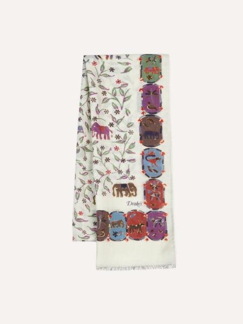 Drake's Ecru Elephants and Flowers Print Wool-Silk Scarf