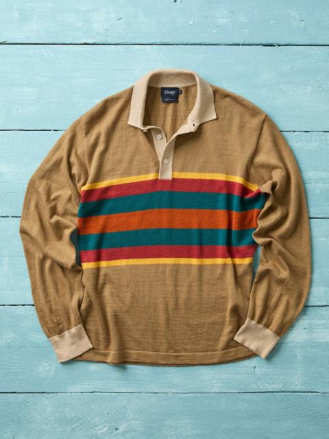 Drake's Brown Multi Centre Stripe Linen Cotton Knitted Rugby Shirt