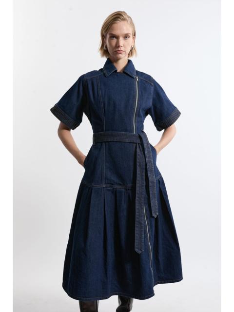 KAREN MILLEN Petite Denim Pleated Hem Biker Dress