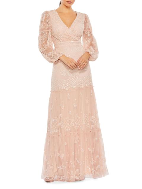 MAC DUGGAL Women's Embellished Tulle Puff-Sleeve Gown - Blush