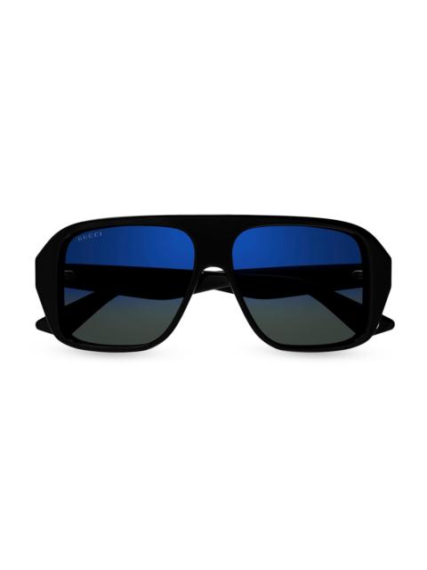 GUCCI Men's Aspen 57MM Navigator Sunglasses - Black Blue Mirror