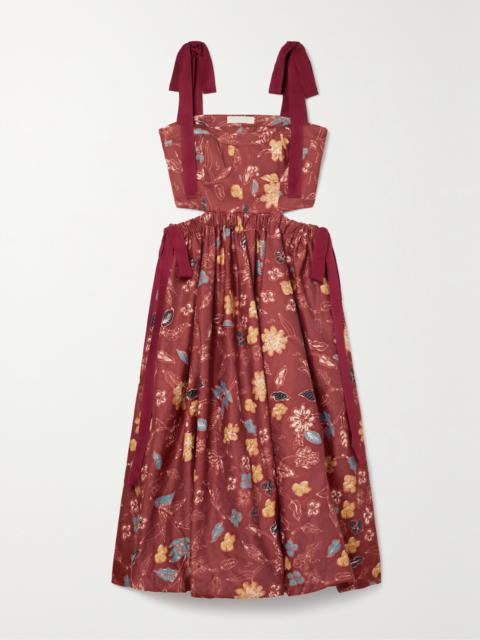ULLA JOHNSON Gabrielle Cutout Tie-detailed Floral-print Matte-satin Dress