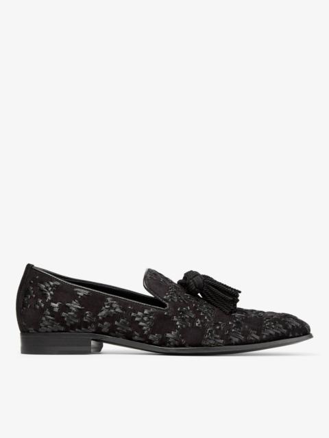 JIMMY CHOO Foxley/M
Black Velvet Suede and Raffia Slip-On Shoes with Tassel