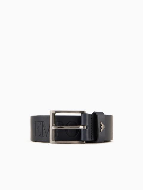 EMPORIO ARMANI Tumbled-leather belt with oversized logo lettering