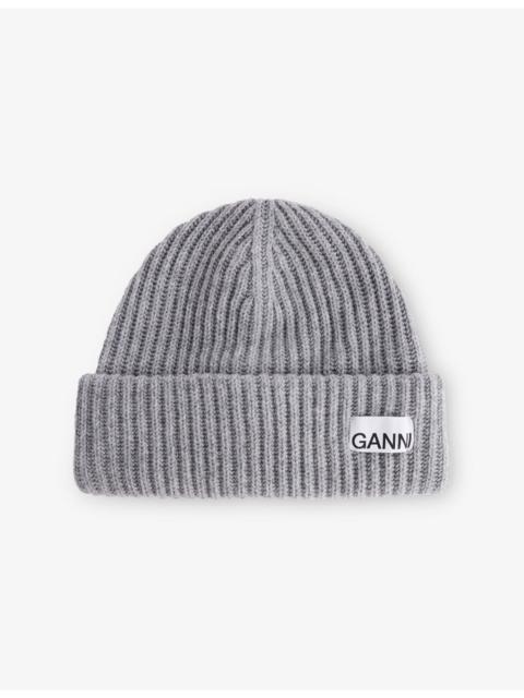 GANNI Logo-Patch Wool-Blend Beanie Hat