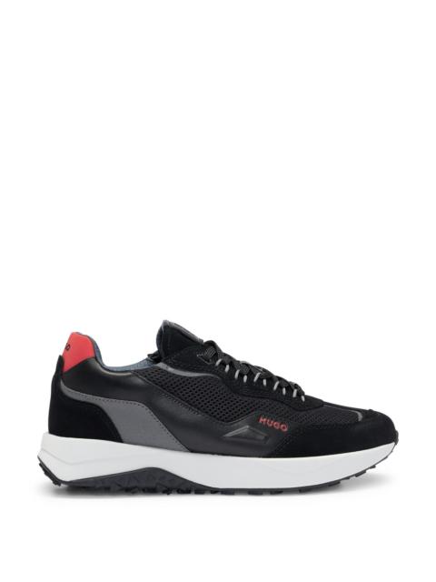HUGO LEATHER LACE-UP TRAINERS WITH MESH TRIMS