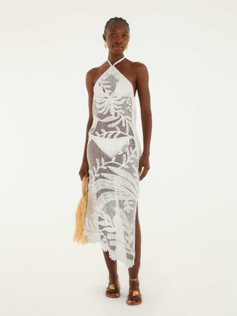 FARM RIO White Crochet Halter Neck Sheer Midi Dress