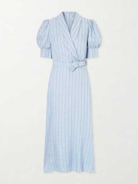REBECCA VALLANCE Effie Belted Striped Linen-blend Midi Dress