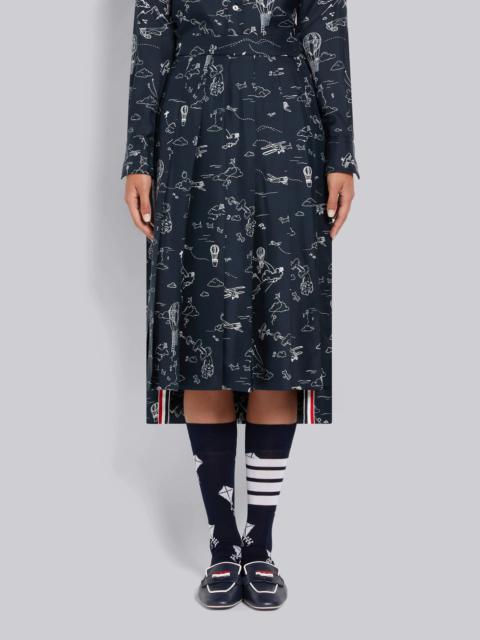 Thom Browne Navy Sky Toile Printed Silk Twill Dropped Back Pleated Below the Knee Skirt