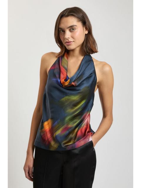 KAREN MILLEN Satin Back Crepe Printed Cowl Neck Top
