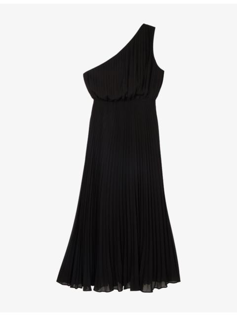 The Kooples One-Shoulder Pleated Woven Midi Dress