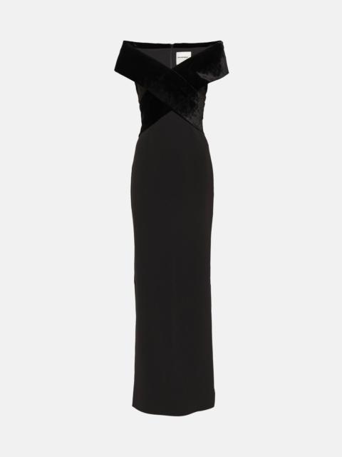 Off-shoulder velvet-trimmed cady gown