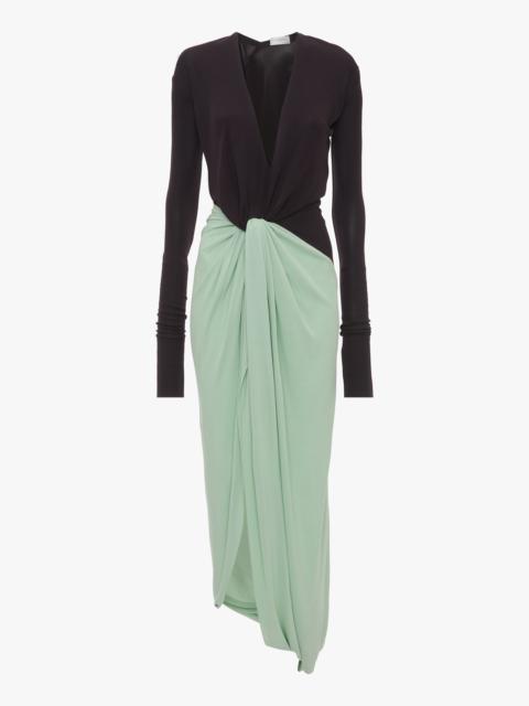 Victoria Beckham Long Sleeve Knot Detail Jersey Gown In Ebony-Jade