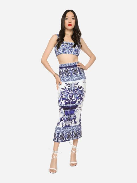 Dolce & Gabbana Majolica-print charmeuse calf-length skirt with slit