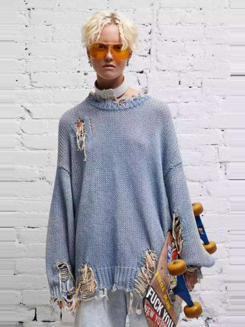 R13 DISTRESSED OVERSIZED PULLOVER - DENIM BLUE