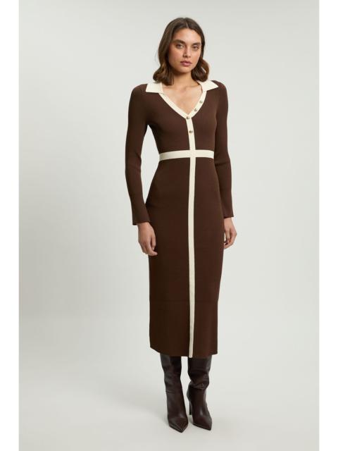 KAREN MILLEN Knit Rib With Contrast Waist Detail Collared Midi Dress