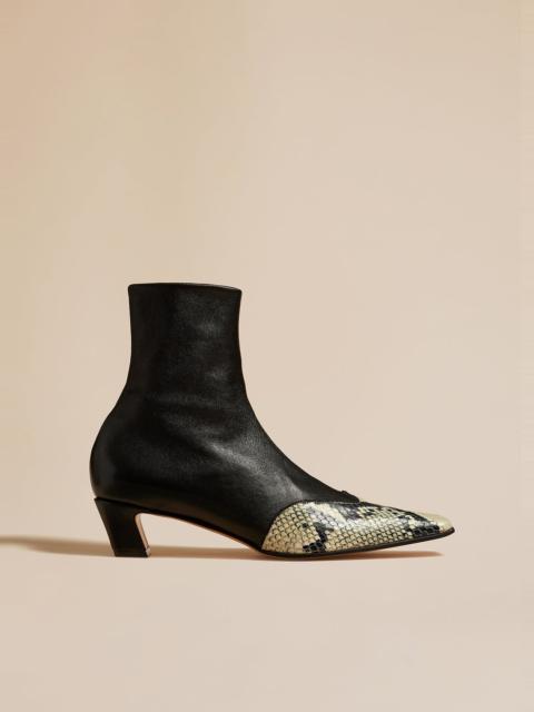 KHAITE The Nevada Stretch Low Boot in Black with Natural Python-Embossed Leather