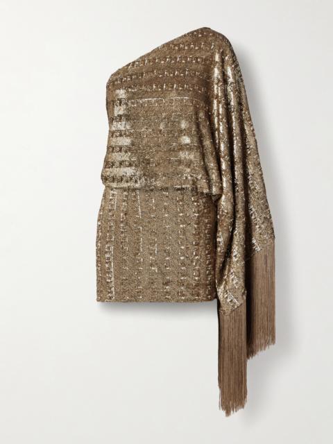 Taller Marmo Eternity One-sleeve Fringed Sequined Satin Mini Dress