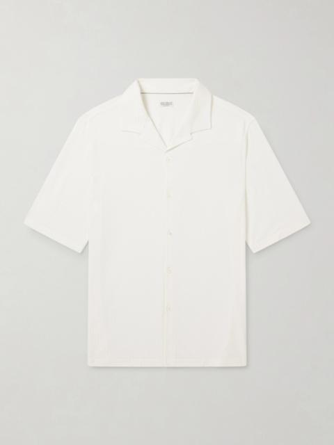 Brunello Cucinelli Camp-Collar Herringbone Cotton and Silk-Blend Shirt