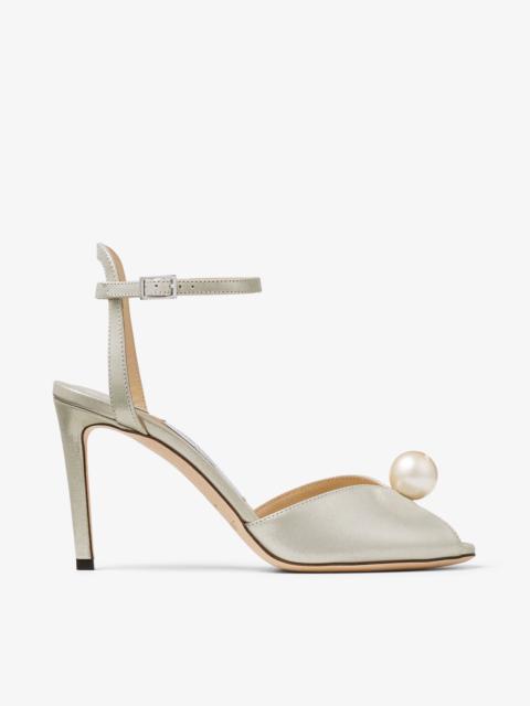 Sacora 85
Champagne Shimmer Suede Sandals with Pearl Embellishment