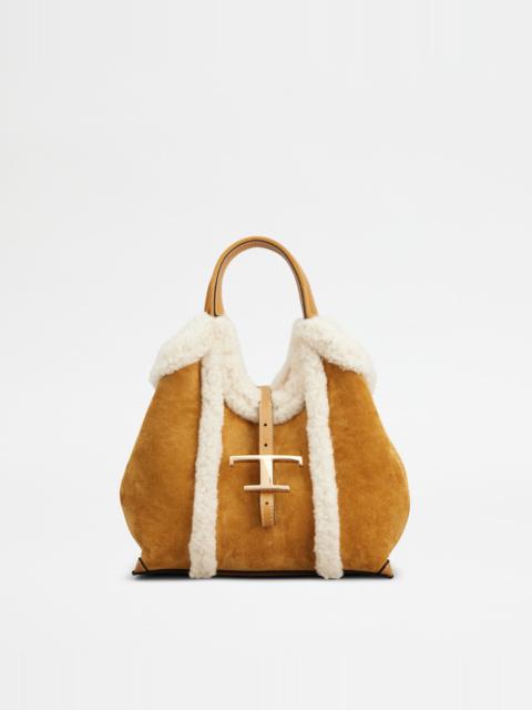 Tod's T TIMELESS SHOPPING BAG IN SUEDE MINI - BROWN, WHITE