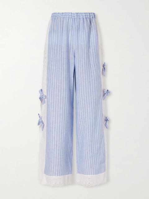 LORETTA CAPONI Clarissa bow-embellished striped broderie anglaise-trimmed linen straight-leg pants Blue