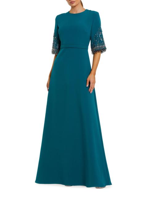 MAC DUGGAL Women's Crêpe Beaded-Sleeve A-Line Gown - Ocean