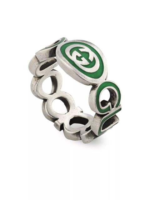 GUCCI Sterling Silver Interlocked G Green Enamel Logo Ring