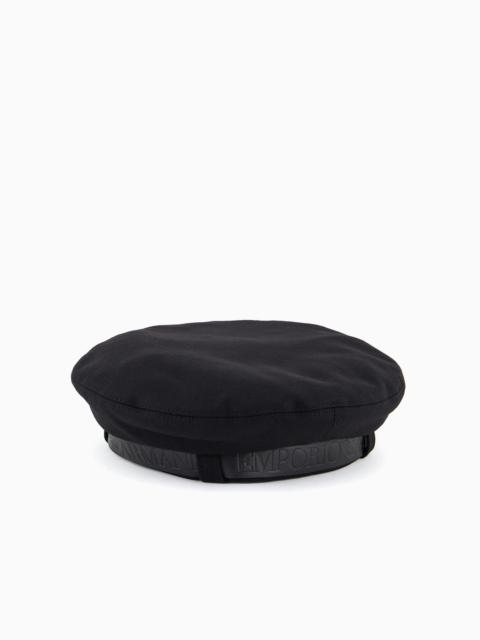 EMPORIO ARMANI Wool cloth beret with a leather logo ribbon
