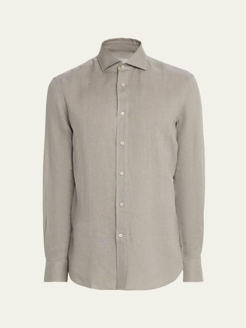 Brunello Cucinelli Men's Linen and Cotton Band Collar Button-Down Shirt