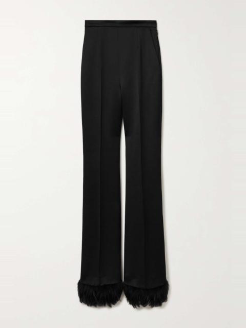 Feather-trimmed satin-crepe straight-leg pants