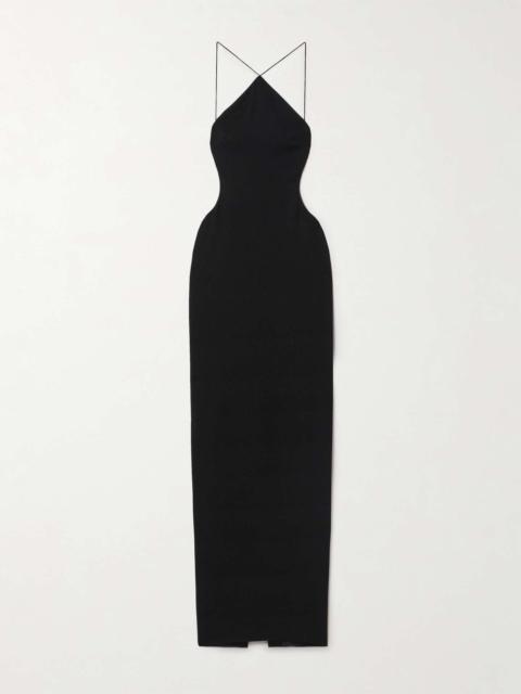 Open-back halterneck crepe gown