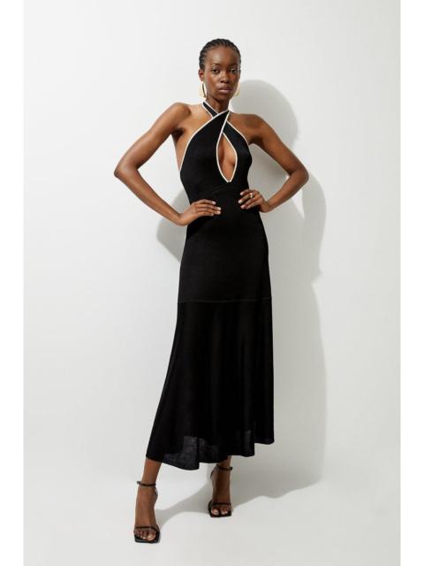 KAREN MILLEN Slinky Knit Contrast Piping Halter Neck Maxi Dress