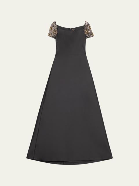 REEM ACRA Mikado Soft Kaftan with Tulle Beaded Sleeves