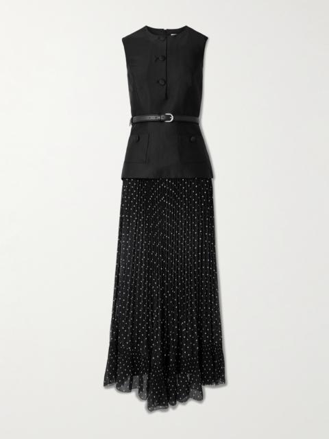 self-portrait Belted Plissé Polka-dot Satin And Taffeta Midi Dress