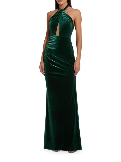 MAC DUGGAL Women's Draped Velvet Halter Column Gown - Emerald