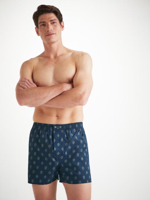 Derek Rose Men's Classic Fit Boxers Cotton Batiste Navy Badge Print
