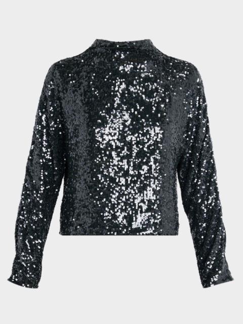 LAPOINTE Sequined Mock-Neck Long-Sleeve Blouse