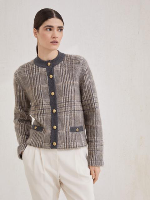 Mohair, virgin wool and cashmere jacquard cardigan with dazzling check embroidery